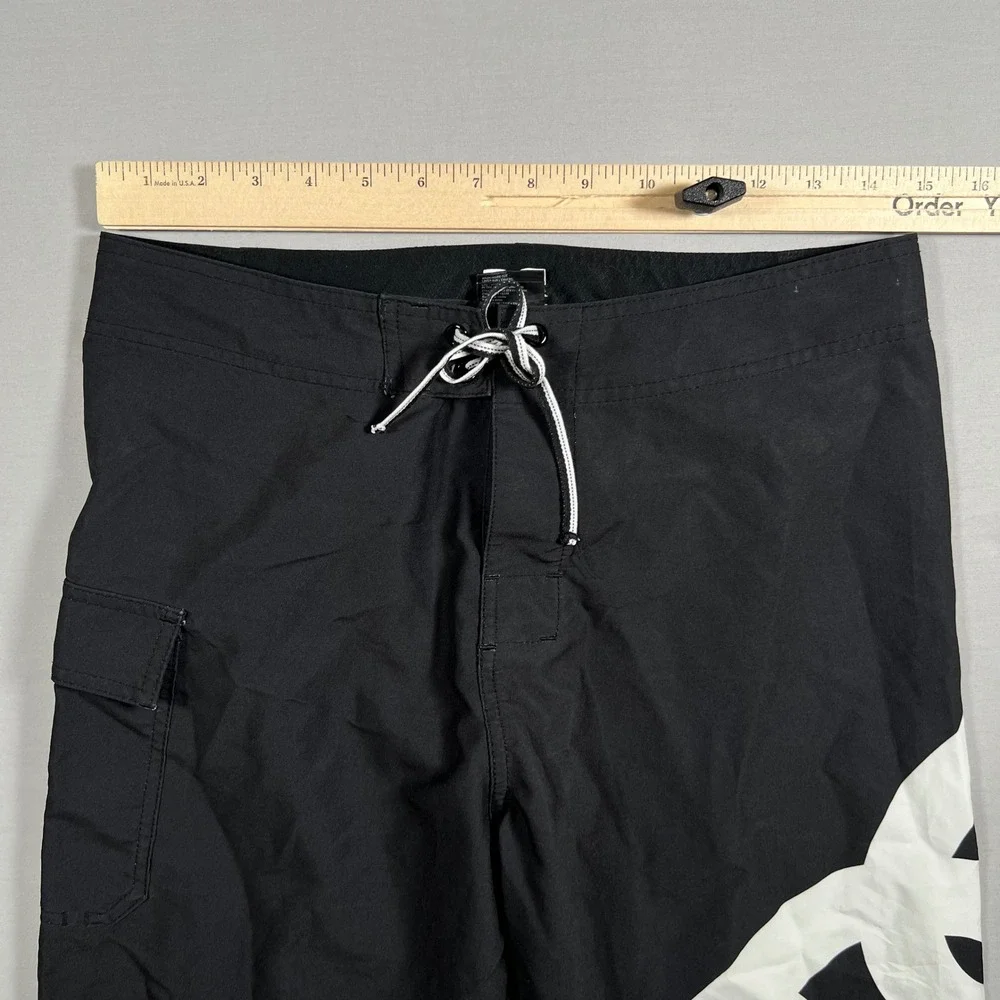 DC Shoes Mens Black Board Shorts White Logo Size 30 Surf Skate Swim Trunks Y2K